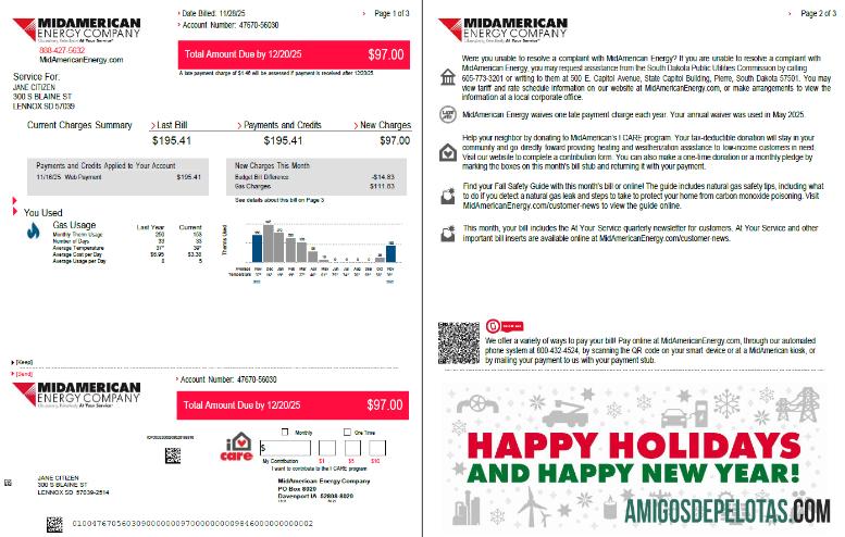 Para baixar modelo de conta de serviços públicos da USA MidAmerican Energy Company em formatos Word e PDF, 3 páginas, 1 2 páginas